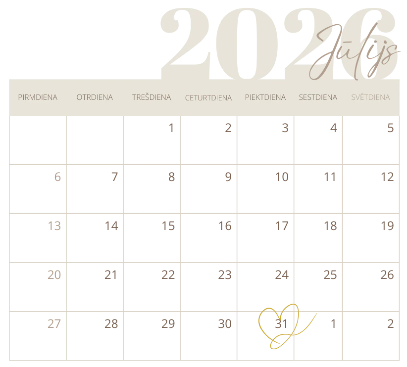 2026. gada jūlija kalendārs